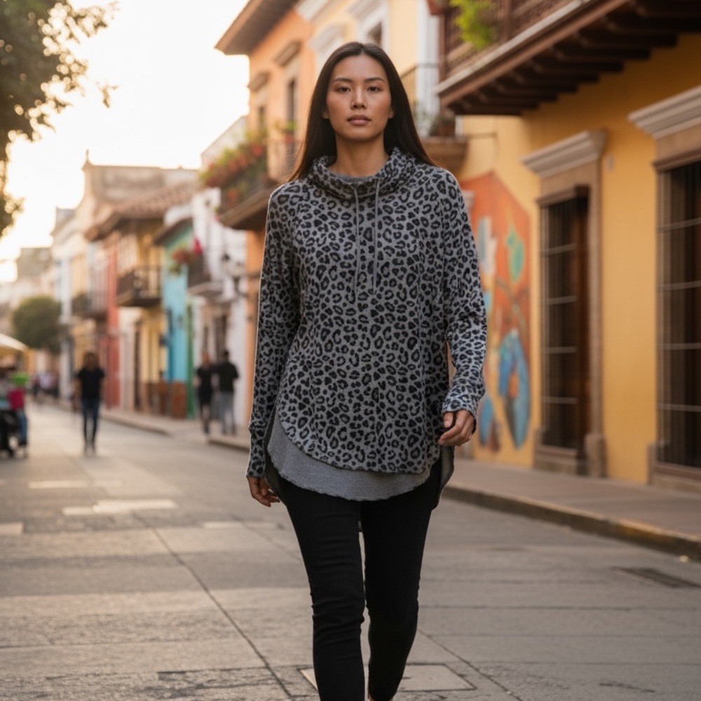 Gray Leopard Print Lightweight Hoodie with Thumb Holes – Women’s Size Small 4-6